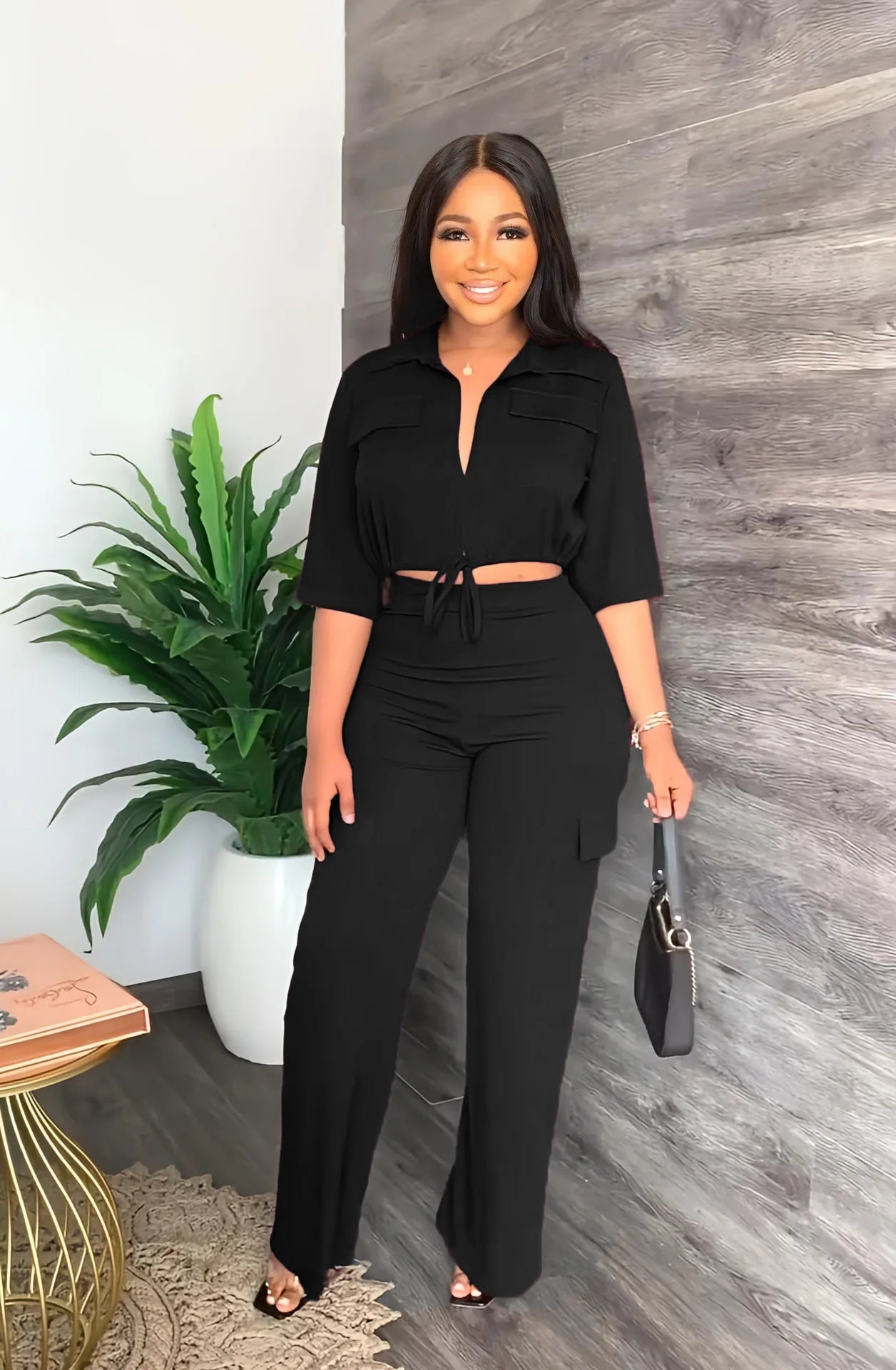 Elegant Women's Set Casual Drawstring Half Sleeve Short Blouse High Waist Straight Wide Leg Pant Suit Tracksuit Two Piece Outfit