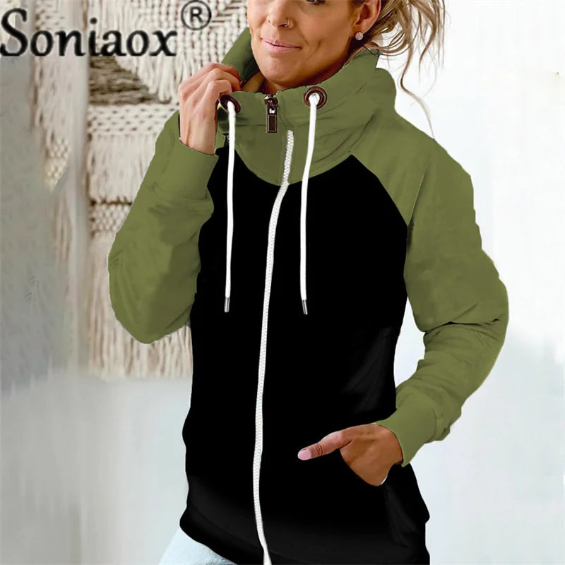 Casual Color Block Sweatshirt Women Zip Up Hoodies Cardigan Long Sleeve Loose Hooded Sweatshirts Coats Jackets Streetwear Tops