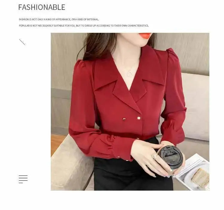 Double Breasted French Turn Down Collar Long-sleeve Solid Top Office Lady Shirt And Blouses Casual Woman Clothing Simple Elegant