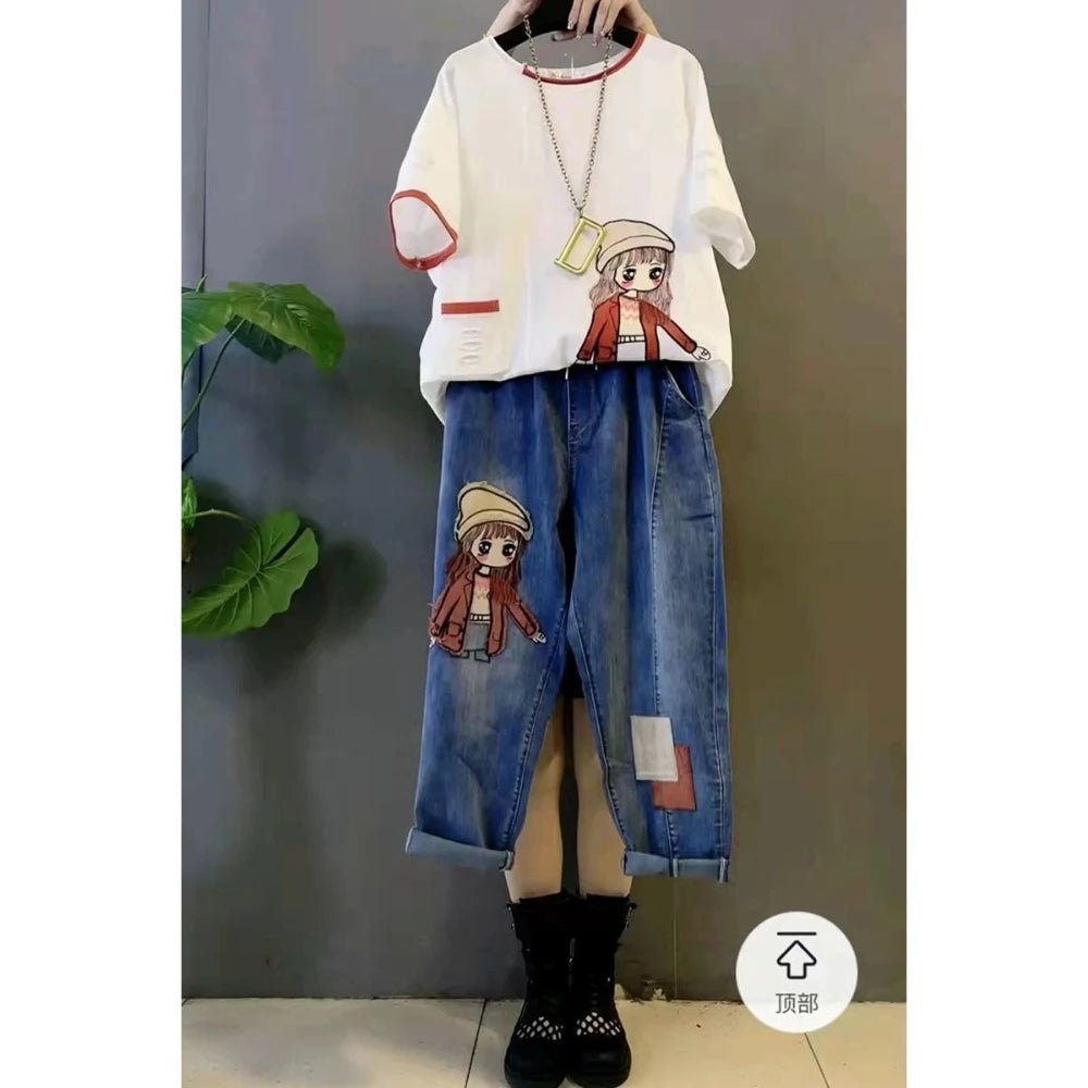Age Reduction Suit Women's 2023 New Spring and Summer Slim Short Sleeve Top Casual Jeans Elegant Women's Two-piece Set