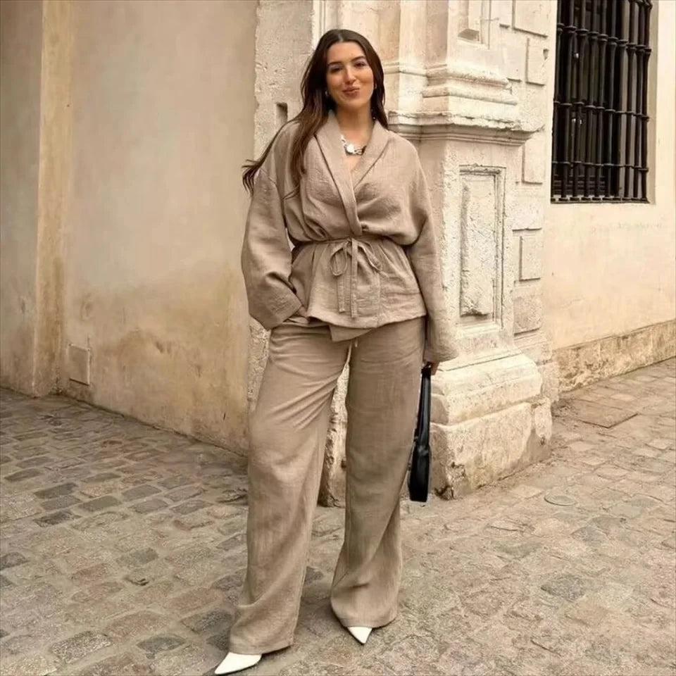 Vintage Lace Up Pants Sets Women Loose Lapel Long Sleeve Shirts Wide Leg Trouser 2024 Spring Summer Women's 2-piece Pant Set New