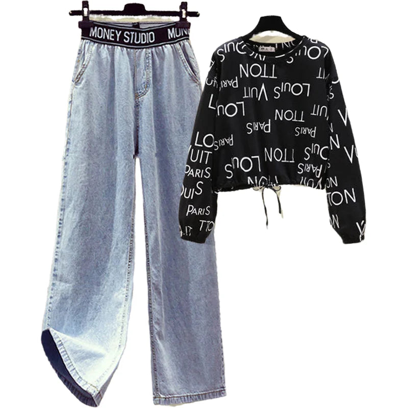 Autumn New Letter Print Lace Up T-shirt High Waist and Wide Leg Jeans Two-piece Set Elegant Women's Pants Set Female Tracksuit