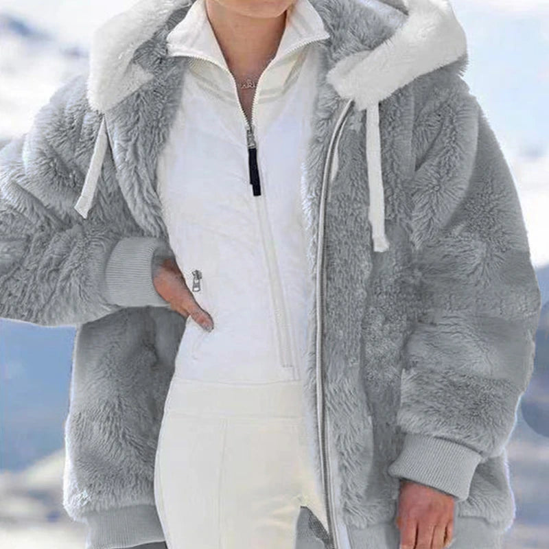 Hot Sale Coat Europe Plush Zip Hooded Jacket 2023 Autumn And Winter Warm Plush And Zipper Pocket Hooded Loose Jacket Women New