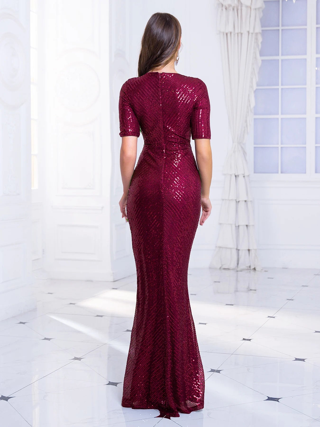 Half Sleeve Sweetheart Neck Sequined Maxi Dress Evening Prom Gown Cocktail Stretchy