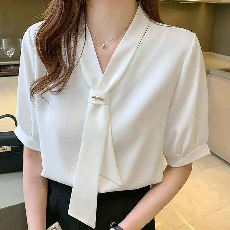 VONDA 2024 Summer Women Tops Fashion Casual Short Sleeve Chiffon Blouse Tie Shirts Loose Solid Color Tunic Blusas Femininas