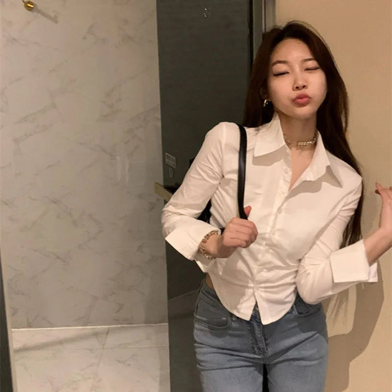 Xpqbb White Shirts Women Korean Style Buttons Folds Slim Fit Crop Tops Female All-Match Daily Design Office Long Sleeve Blouses