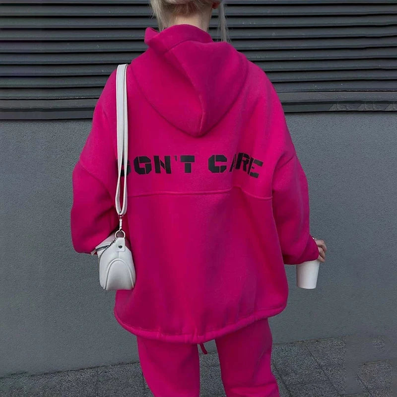 2024 New Women's Casual Fashion Print Suit Solid Color Thickened Warm Hooded Top Elastic Sports Pants Female's Two Piece Set