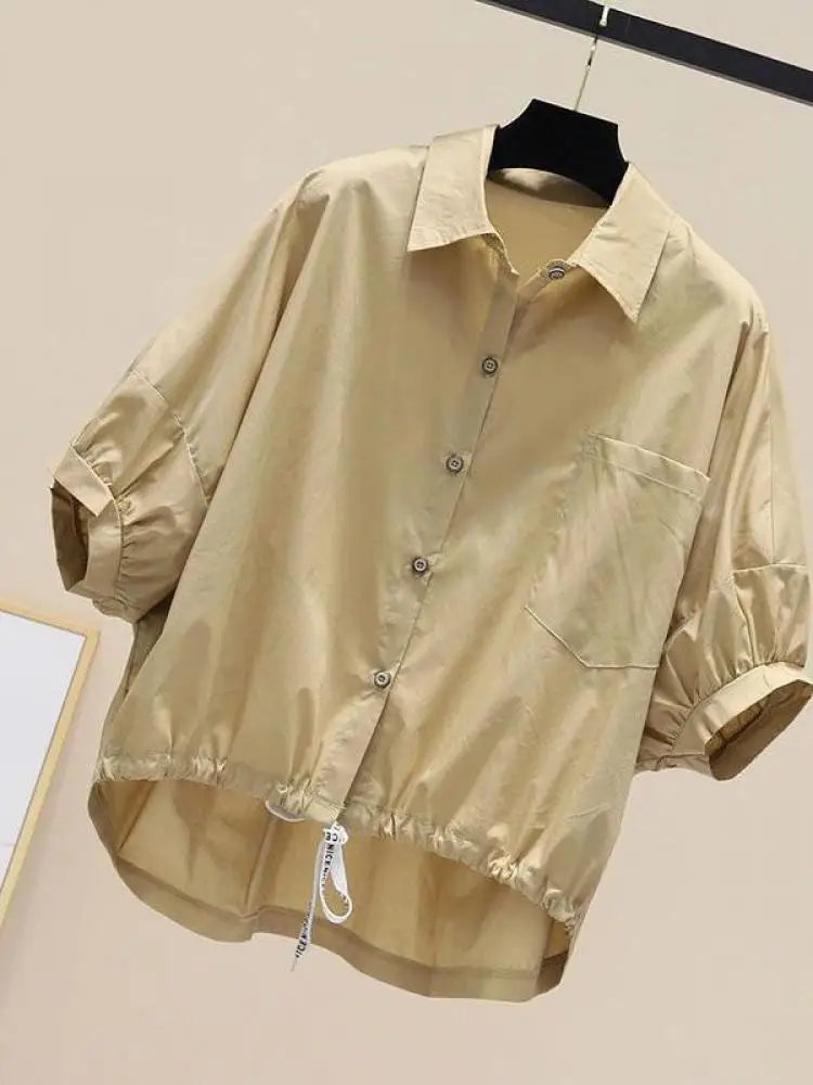 Summer New Bat Sleeve Pockets Shirt Women Loose Casual Short Sleeve Blouse Solid Lace Up Tops Half Shirts Lady High Street Trend