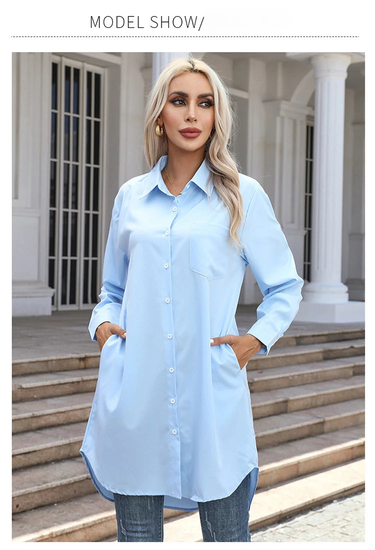Long Shirt Women 2023 Vintage Pocket Shirts &Blouses Oversized Long Sleeve Blouse Fashion Women's Clothing Button Up Womens Tops