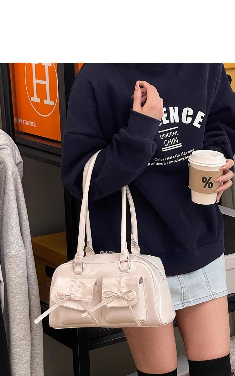 Xiuya Silver Pleated Womens Shoulder Bag Elegant Gentle Korean Fashion Leather Handbag Bow Sweet New Simple Ladies Boston Bag