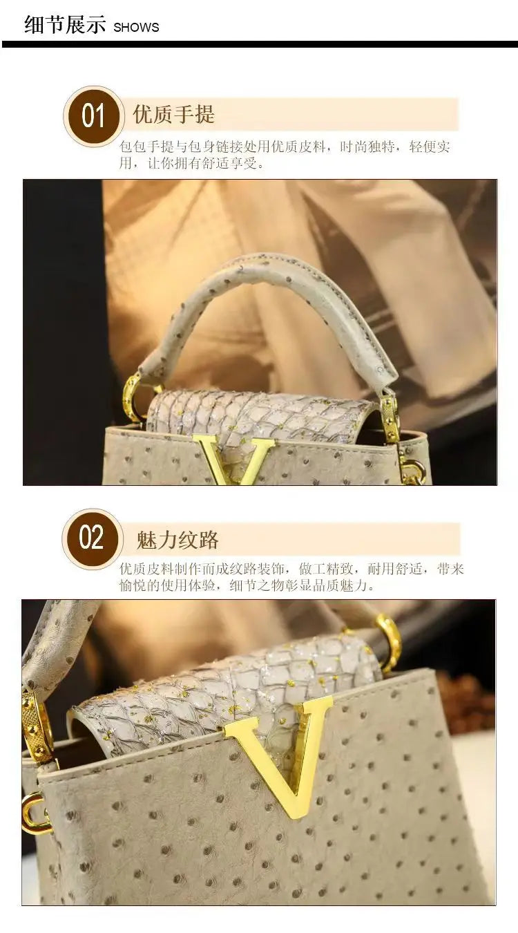 Fashion Luxury Leather Women's Handbags V Letter Small Shoulder Crossbody Bag Niche Ostrich Print Portable Messenger Shell Bags