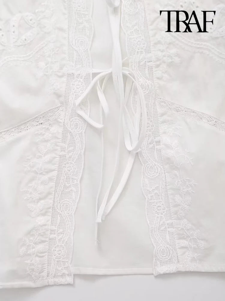 TRAF-Women's Lace Embroidery Blouses, O Neck, Sleeveless, Front Tied, Female Shirts, Chic Tops, Fashion