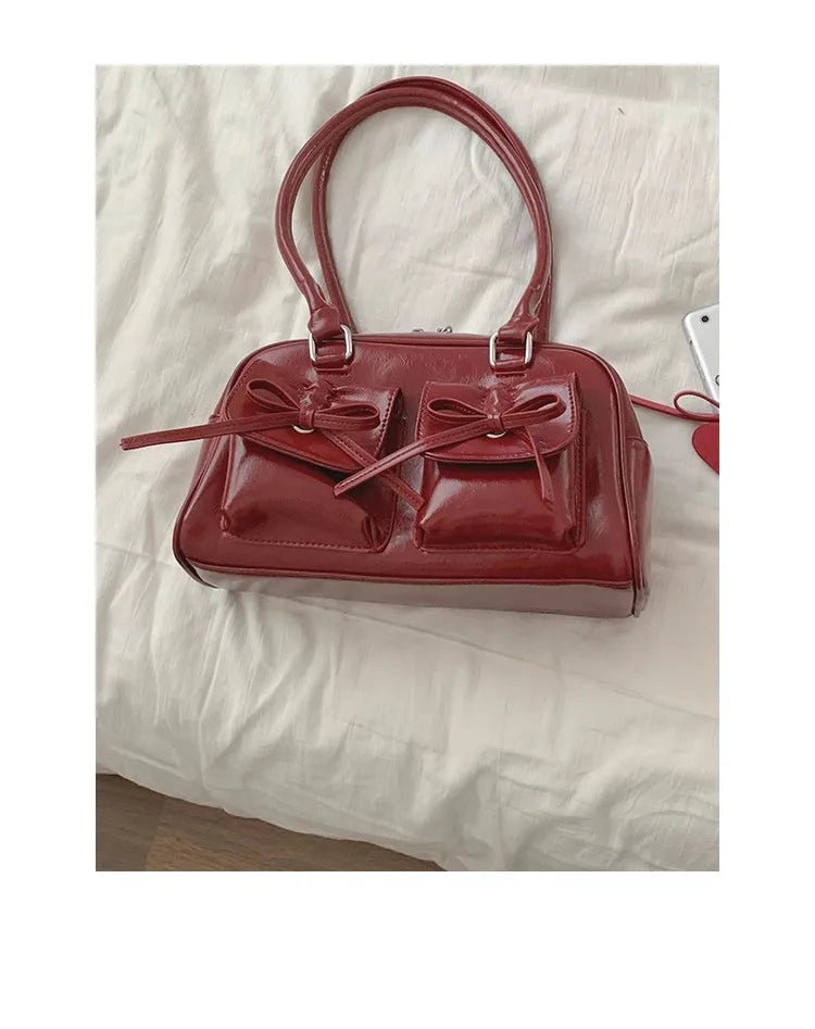 Xiuya Silver Pleated Womens Shoulder Bag Elegant Gentle Korean Fashion Leather Handbag Bow Sweet New Simple Ladies Boston Bag