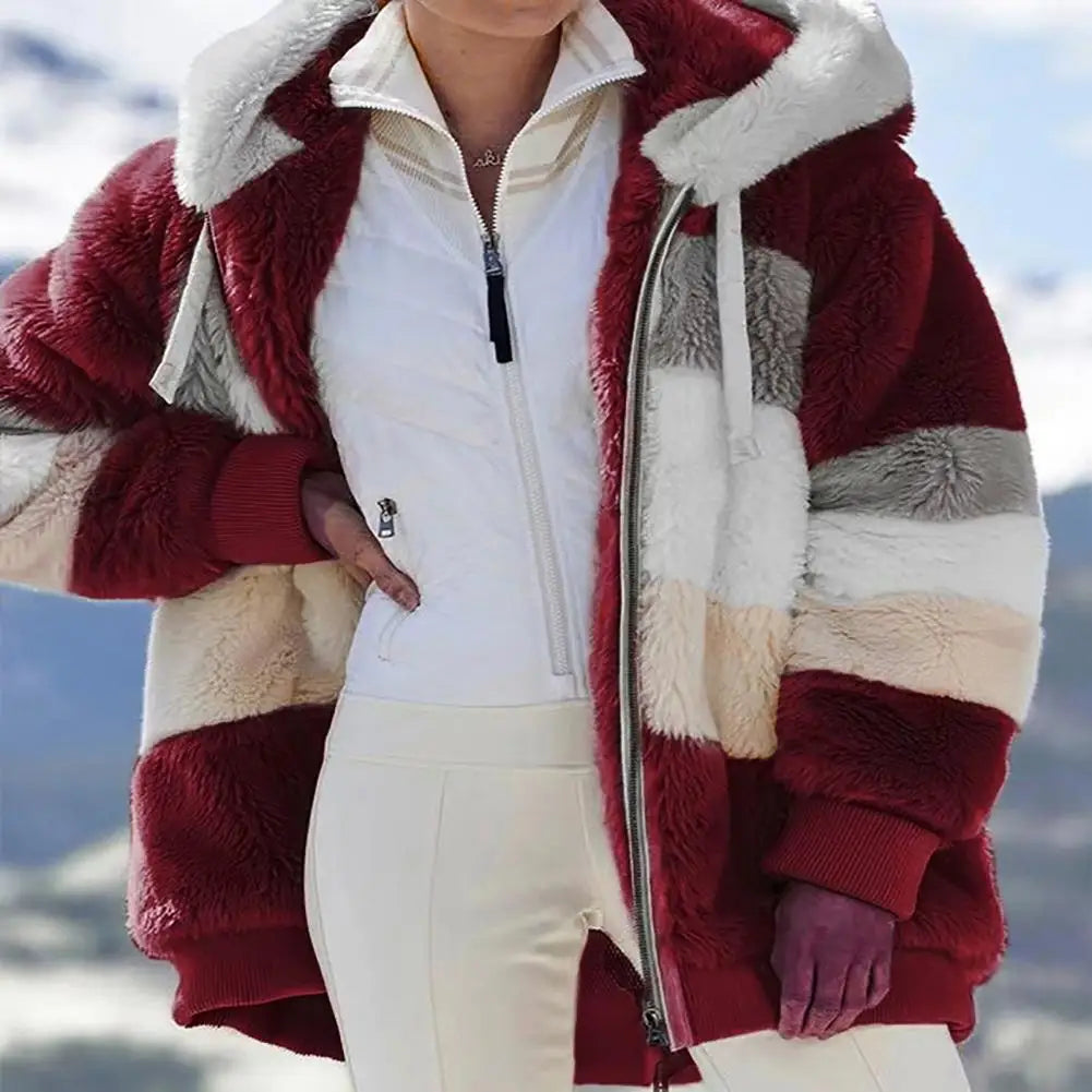 Trendy Lady Autumn Jacket Fluffy Winter Coat Loose Plush Plus Size Lady Jacket Hooded