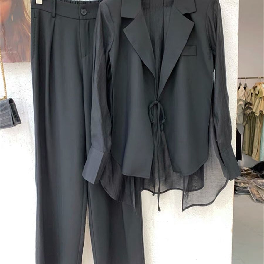 Summer New Hollow Sun Protection Chiffon Shirt Blazer Wide Leg Pants Two Piece Set Elegant Women's Pants Set Office Outfits