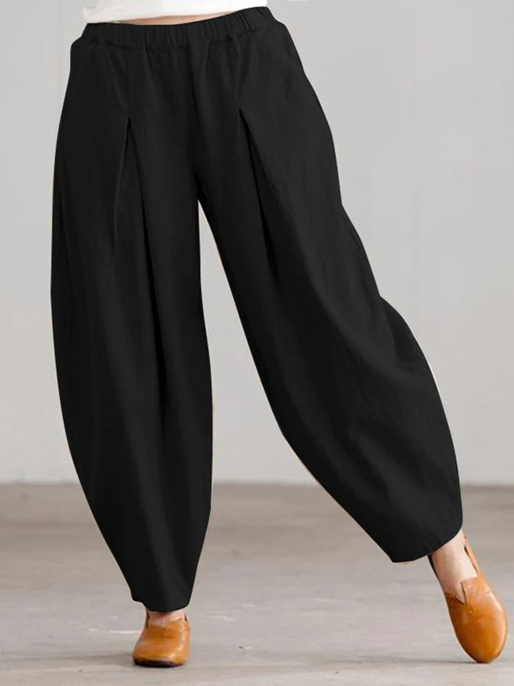 ZANZEA Summer Elastic Waist Solid Trousers Women Casual Baggy Pants Elegant Loose Wide Leg Pantalon Vintage Cotton Turnip 2024