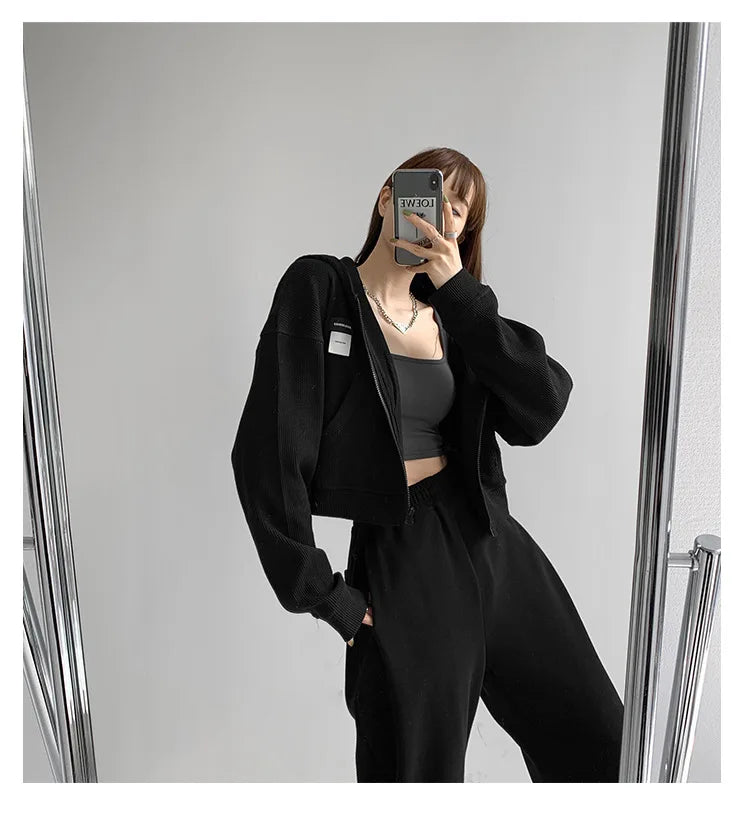 Harajuku Women Sweatshirts Korean Fashion Sportswear Female Zip Up Hoodies Vintage Streetwear Basic Casual Cropped Top Autumn