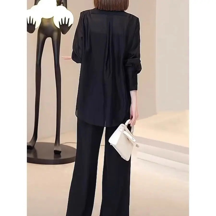 Summer New Hollow Sun Protection Chiffon Shirt Blazer Wide Leg Pants Two Piece Set Elegant Women's Pants Set Office Outfits