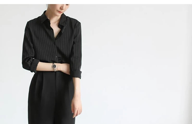MEXZT Vintage Black Striped Shirts Women Office Long Sleeve Loose Casual Blouses Lady Korean Fashion Elegant Chic All Match Tops