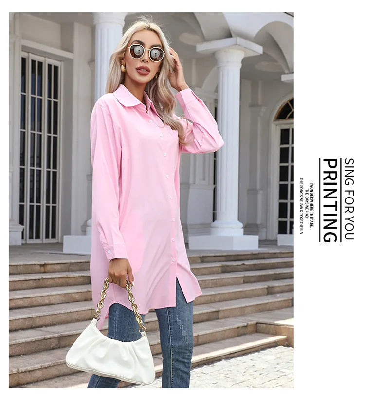 Long Shirt Women 2023 Vintage Pocket Shirts &Blouses Oversized Long Sleeve Blouse Fashion Women's Clothing Button Up Womens Tops