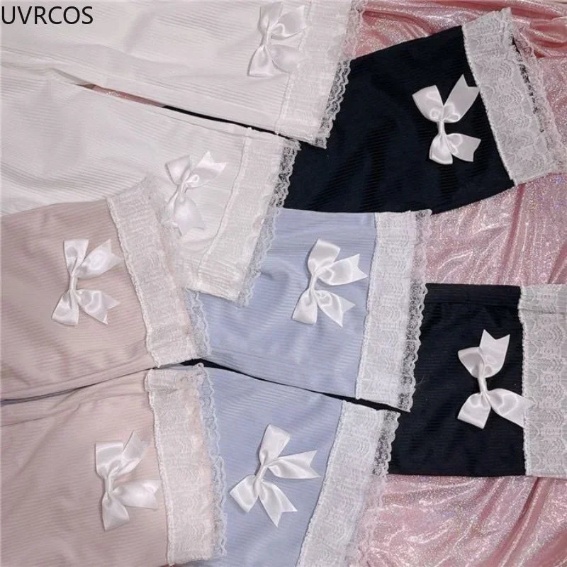 Pink Japanese Sweet Lolita Womens Kawaii High Waist Corduroy Pants Bow Lace Wide Leg Pants Y2k Clothes Casual Loose Cute Trouser