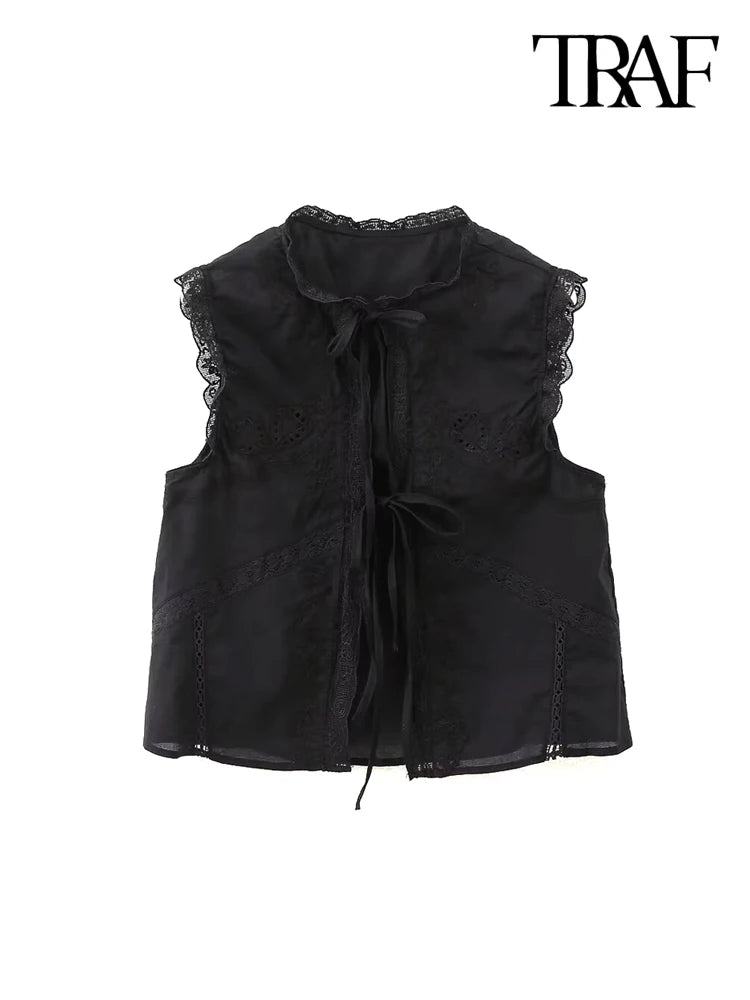 TRAF-Women's Lace Embroidery Blouses, O Neck, Sleeveless, Front Tied, Female Shirts, Chic Tops, Fashion