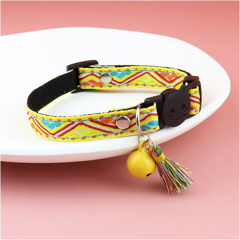 Adjustable cat collar with tassels and bells embellished pet collar colorful plaid jacquard pattern for cat and dog collars