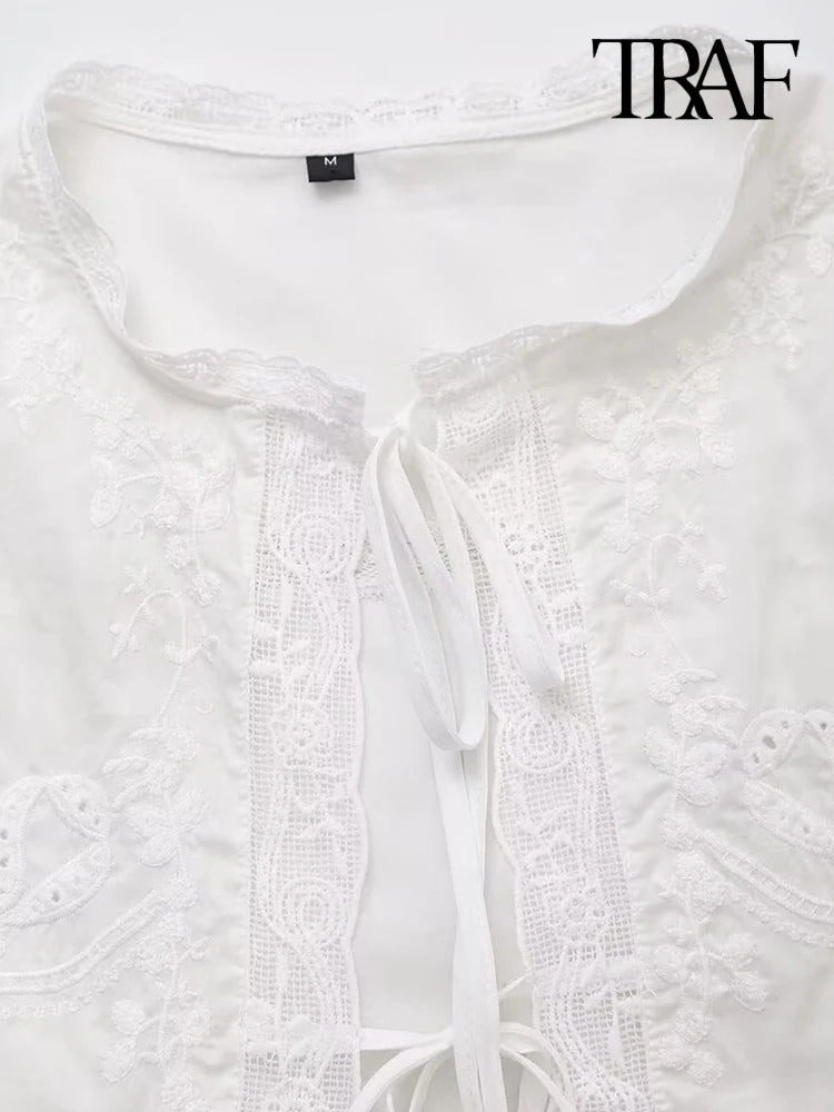 TRAF-Women's Lace Embroidery Blouses, O Neck, Sleeveless, Front Tied, Female Shirts, Chic Tops, Fashion