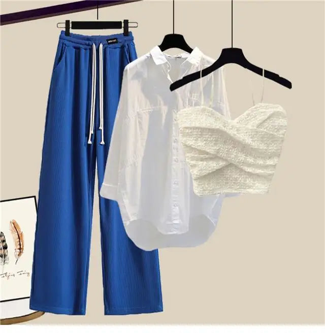 2023 Summer New Wide Free Casual Wide Leg Trousers White Shirt Wave Bra Vest Three Piece Elegant Women's Pants Set Tracksuit