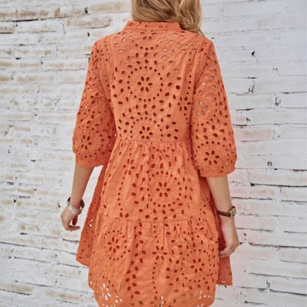 Spring Summer New Solid Color Hollow Out Fashion 7 Point Sleeve Dress Wmen's Casual Loose Simple Elegant Female Holiday Dresses