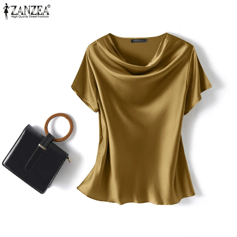 ZANZEA Women Short Sleeve Solid Shirt Summer Fashion Satin Blouse Female Casual OL Work Tunic Tops Elegant Loose Blsuas Oversize
