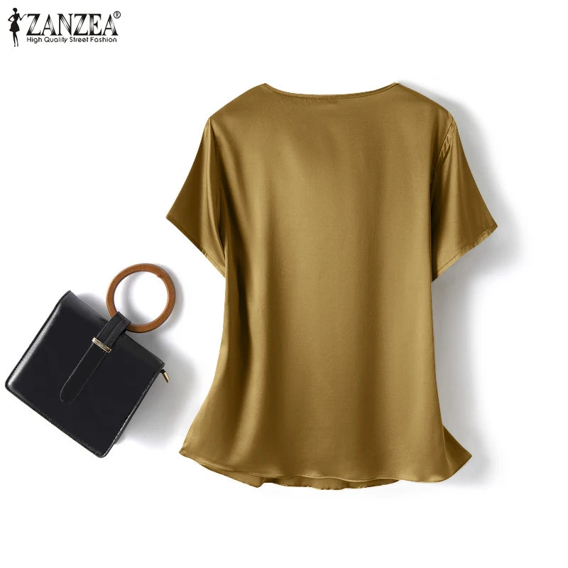 ZANZEA Women Short Sleeve Solid Shirt Summer Fashion Satin Blouse Female Casual OL Work Tunic Tops Elegant Loose Blsuas Oversize