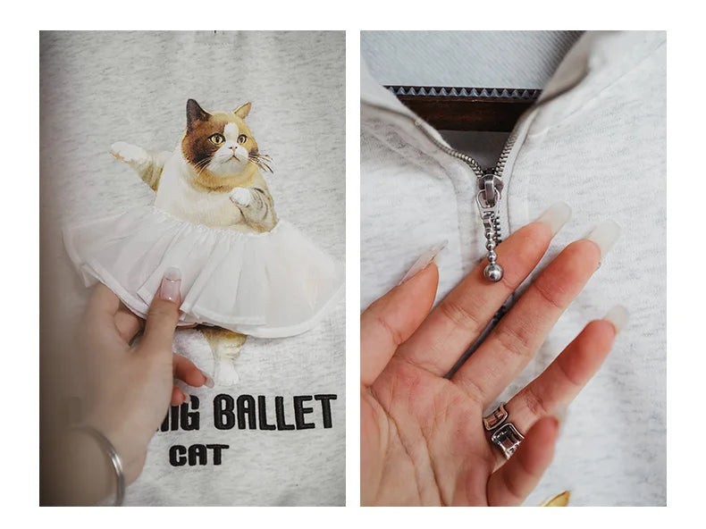 Maden Printed Ballet Cat Sweatshirts for Women Stand Collar Casual Sweater Gray Long Sleeve Pullover Autumn Gray Sweaters Top