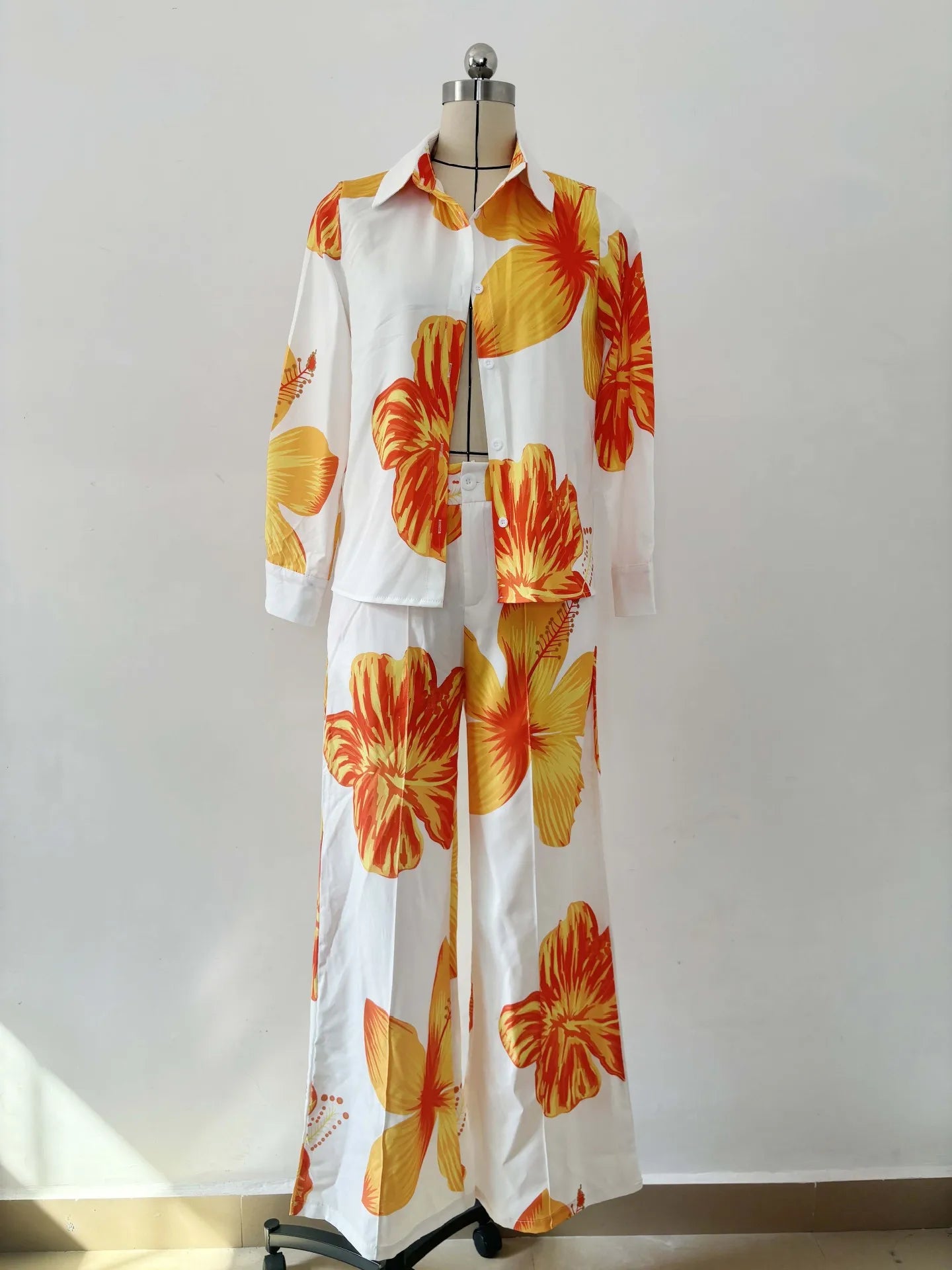 2023 Women's Casual Daily Shirt Set Floral Fashion Printed Shirt Spring Autumn Wide Leg Pants Women's Office Two-piece Set