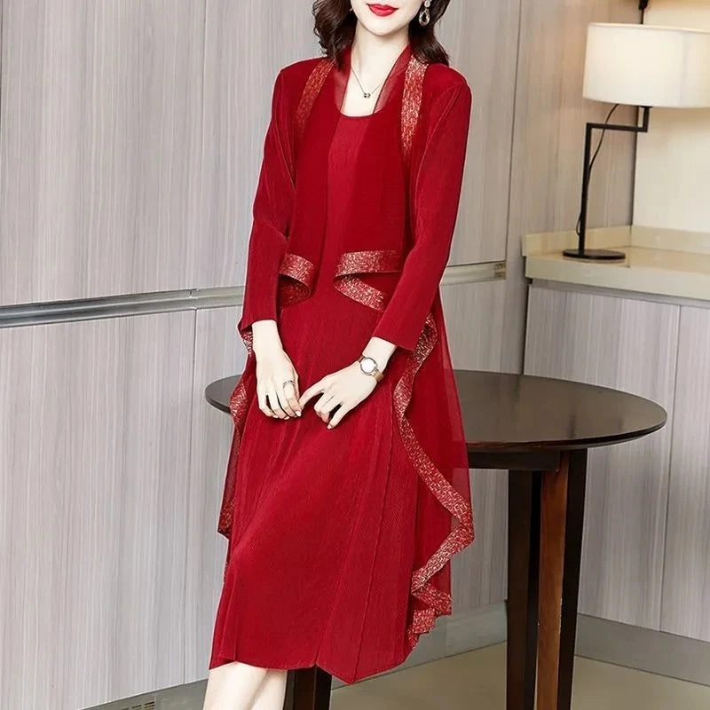 2023 Autumn New Vintage High End Elegant Dress Casual Western Style Large Size Loose Fake Two Pieces Shawl Dress Long Vestidos
