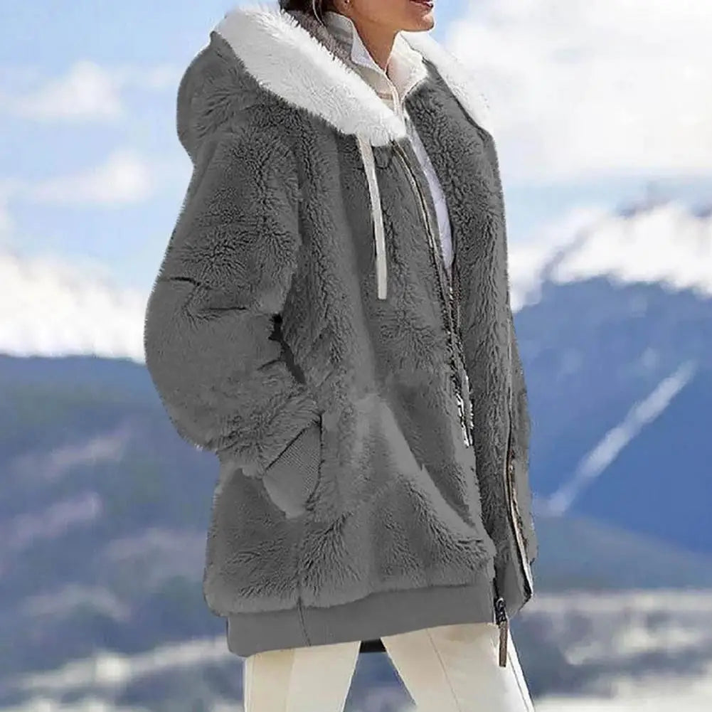 Women's Winter Coat Solid Color loose Plush Zipper Hooded