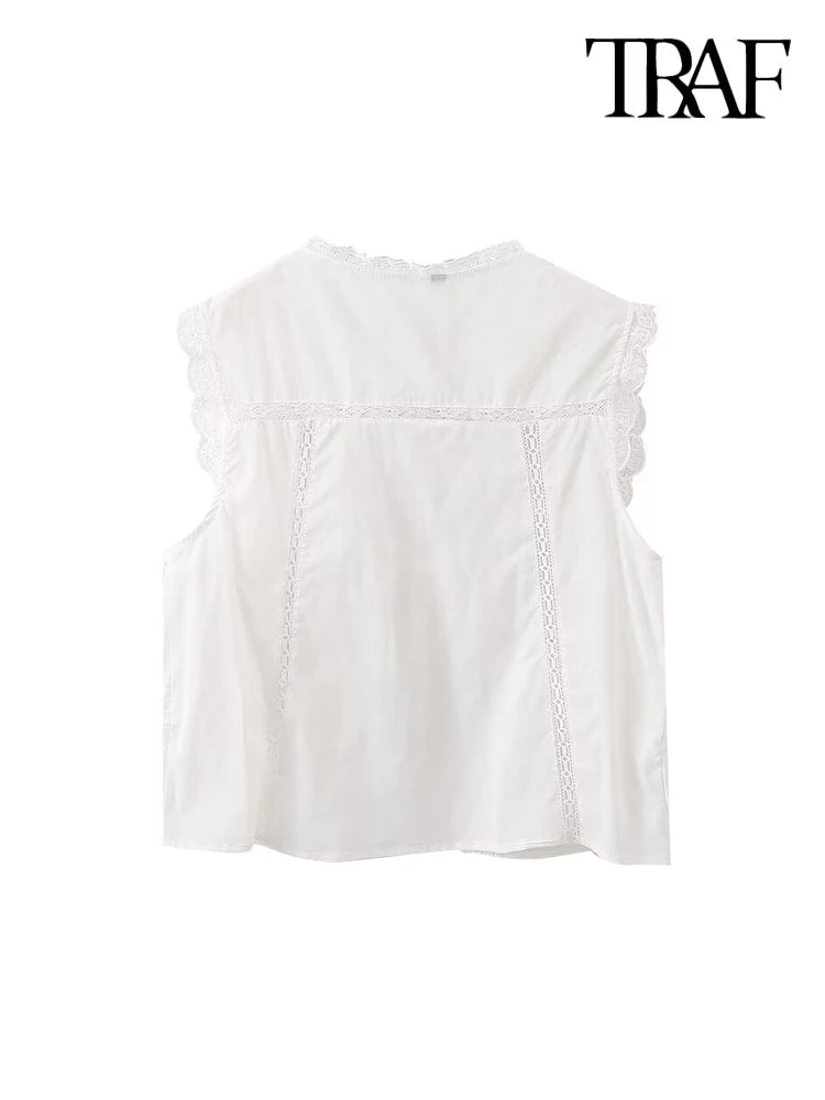 TRAF-Women's Lace Embroidery Blouses, O Neck, Sleeveless, Front Tied, Female Shirts, Chic Tops, Fashion