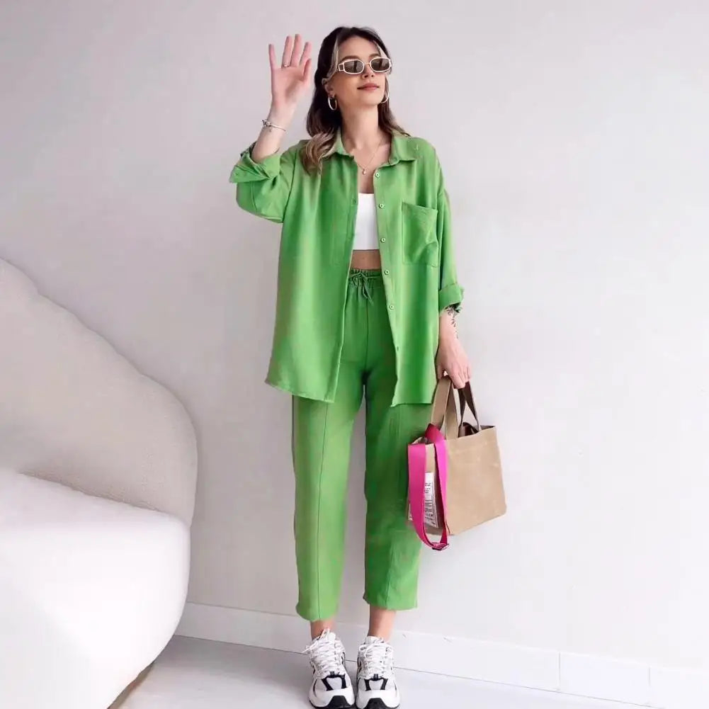 Solid Color Two-piece Outfit Stylish Women's Shirt Pants Set with Lapel Collar Chest Pocket Casual Outfit with for Everyday