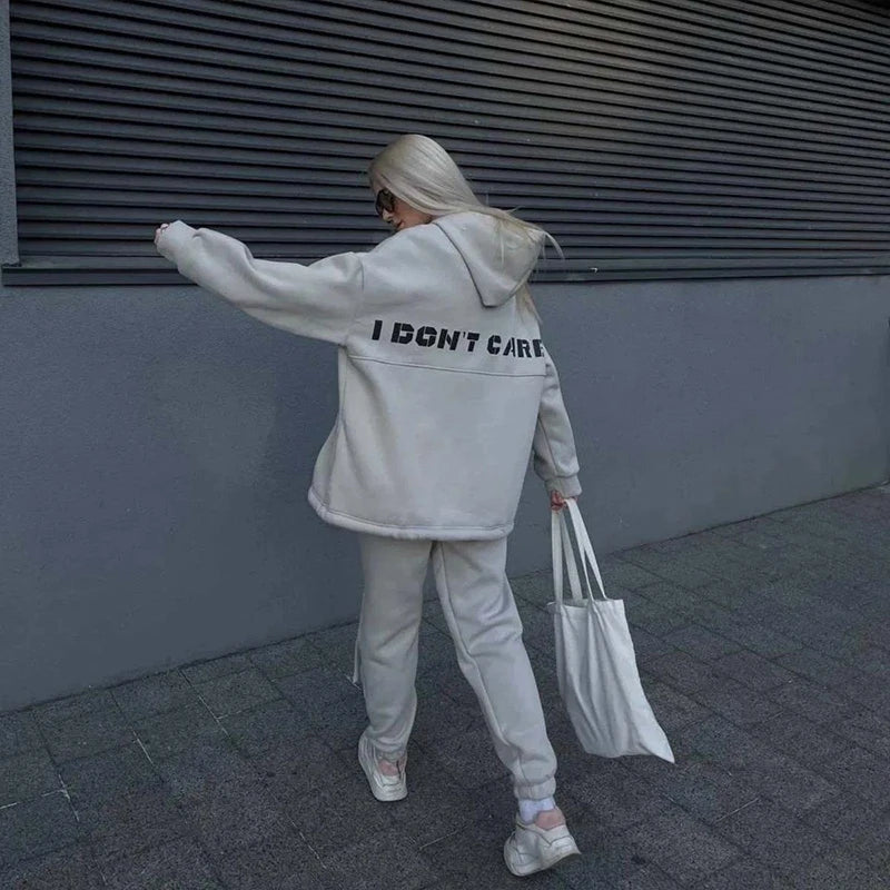 2024 New Women's Casual Fashion Print Suit Solid Color Thickened Warm Hooded Top Elastic Sports Pants Female's Two Piece Set