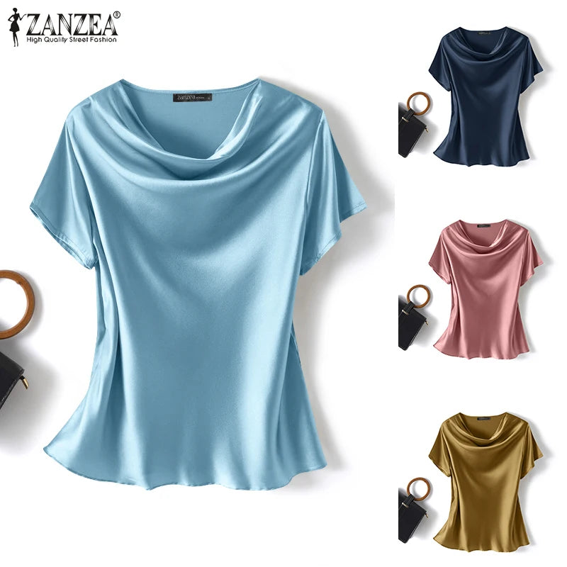 ZANZEA Women Short Sleeve Solid Shirt Summer Fashion Satin Blouse Female Casual OL Work Tunic Tops Elegant Loose Blsuas Oversize