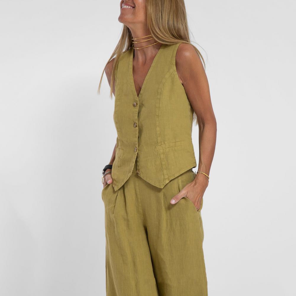 2 Piece Suit for Women Autumn Winter Suit Set Stylish Women's Cotton Linen Suit Sleeveless Vest Wide Leg Pants Set for Office