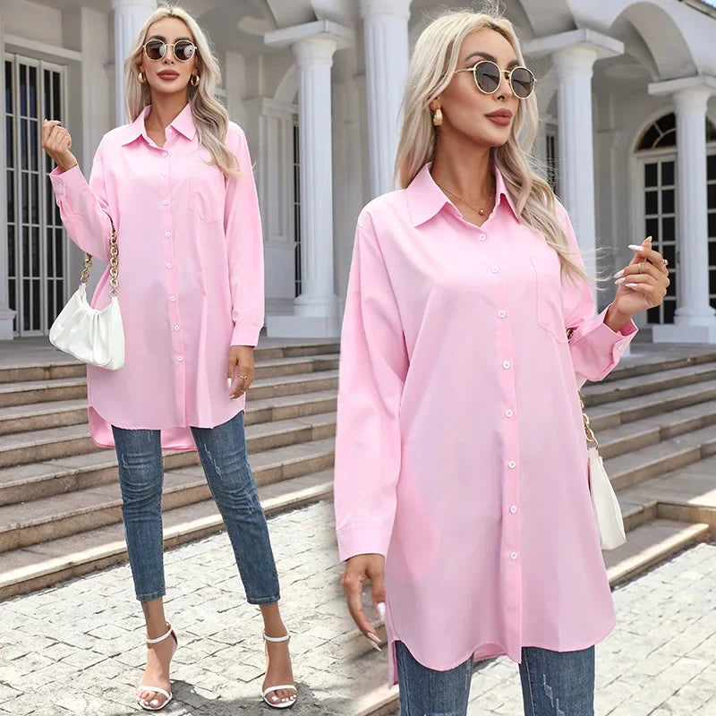 Long Shirt Women 2023 Vintage Pocket Shirts &Blouses Oversized Long Sleeve Blouse Fashion Women's Clothing Button Up Womens Tops
