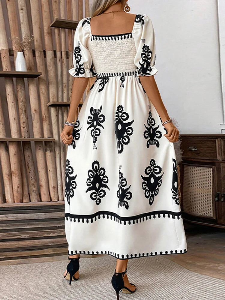 Printed Off Shoulder Dresses Stylish Casual Simple Square Collar Waist Cinching Slimming Beach Holiday Chic Maxi Wrap Dress New