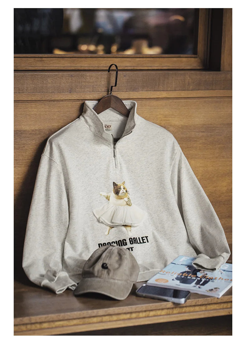 Maden Printed Ballet Cat Sweatshirts for Women Stand Collar Casual Sweater Gray Long Sleeve Pullover Autumn Gray Sweaters Top