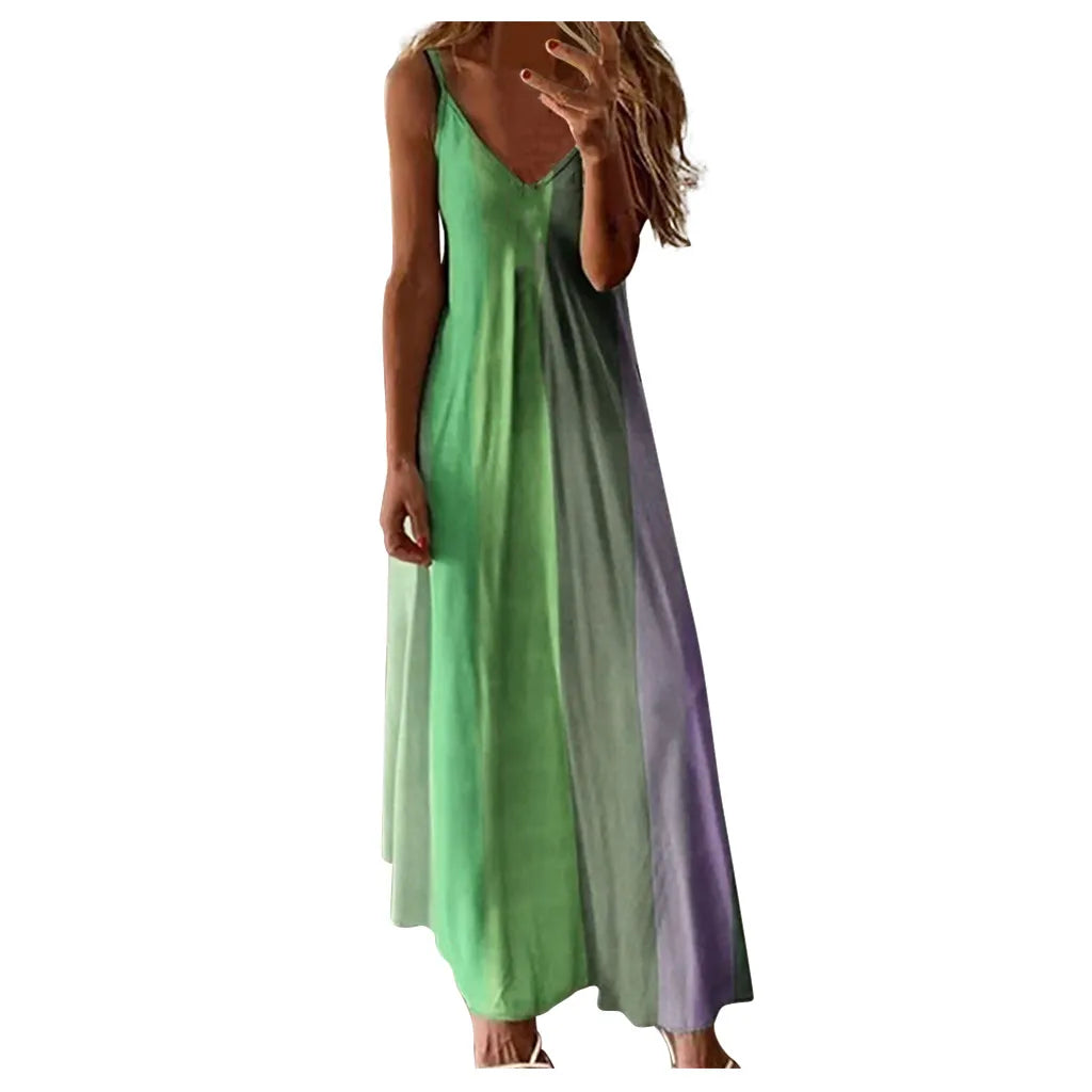 Women's Summer Casual Loose Strap Dress Sexy Beach Boho Maxi Dress Large Size Long Dresses Female Robe Femme