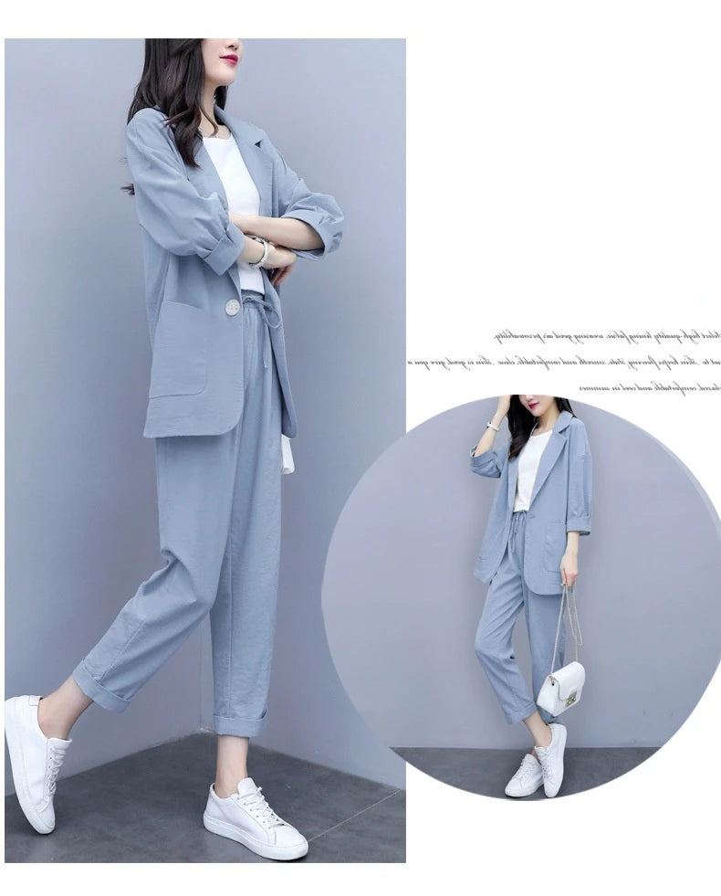 Spring and Autumn New Fashion Plus Size Women's Three Piece Suit Cotton Blended Single Button Coat Nine Point Pants Office