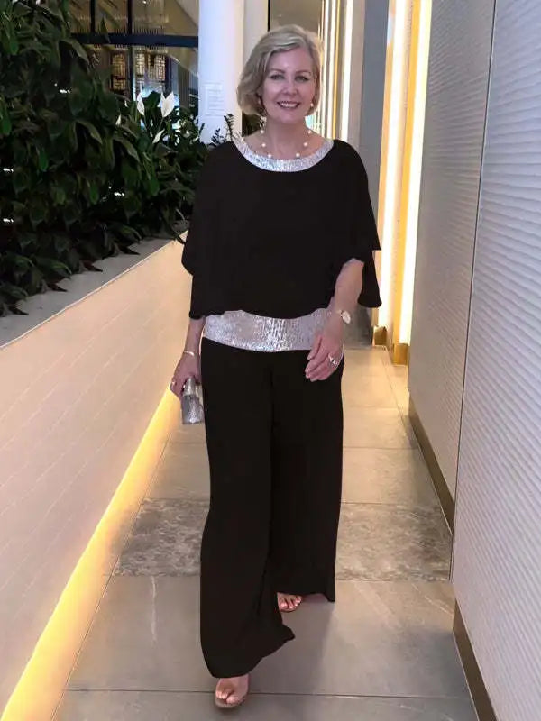 Fashion Sequin Splicing Chiffon Shirt Women's Bat Short Sleeved Suit Summer New Wide Leg Pants Elegant Female Office 2 Piece Set