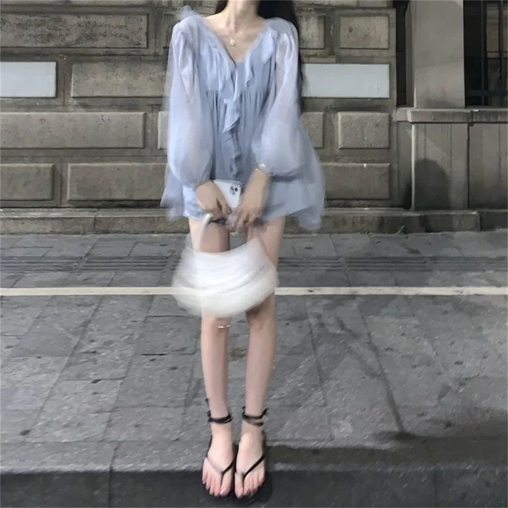 Blouse Women Elegant Ruffles Casual Solid New Chiffon Fashion Two-piece Daily Design Popular Basic Soft Tops Sweet Lady Shirts