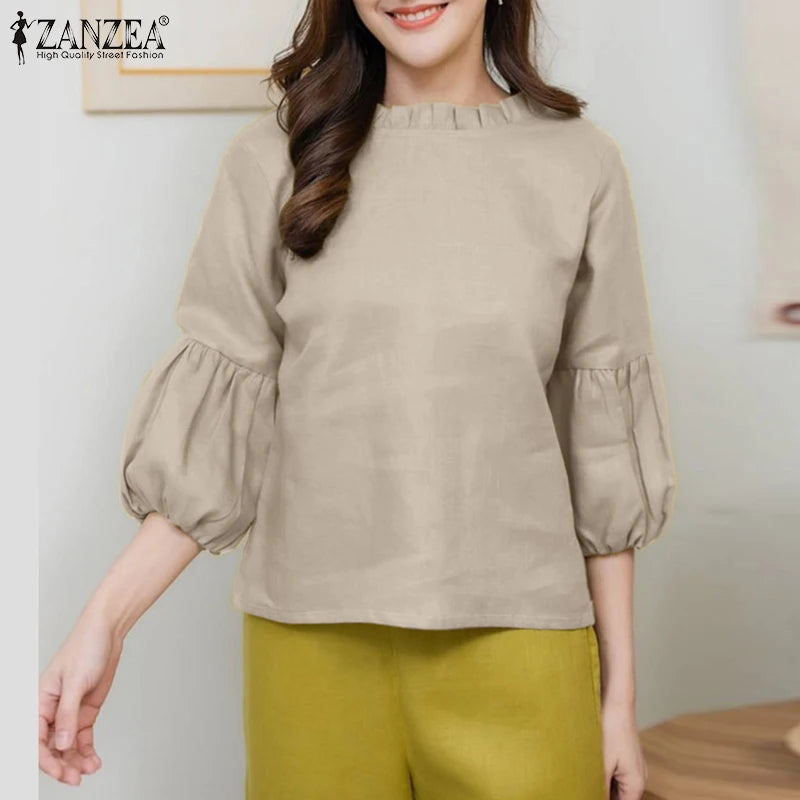 ZANZEA Summer Elegant 3/4 Puff Sleeve Blouse Fashion Women Shirt Female Tunic Tops Casual Solid OL Work Blusas Oversize Chemise