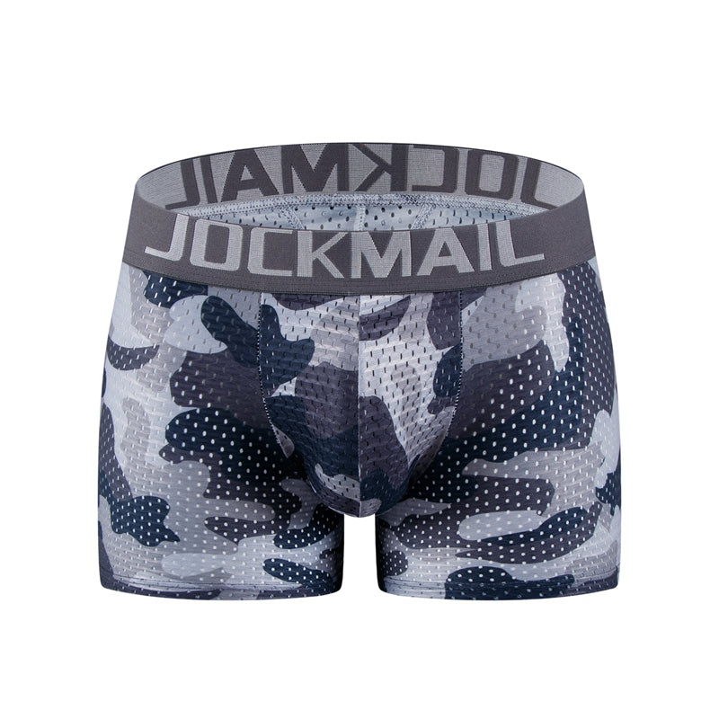 Men's Sexy Fashion Ice Silk Mesh Breathable Soft Comfortable Butt Lift Boxer Briefs Underwear Low Waist Camouflage Quick Dry